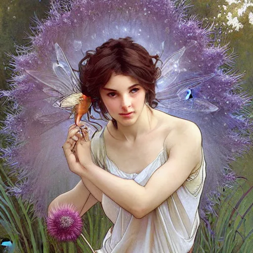 Prompt: a beautiful fairytale painting of a cute thistle seed fairy, a fairy made out of a thistle seed. the thistle seed is her body. dreamy beautiful painting by artgerm and greg rutkowski and alphonse mucha