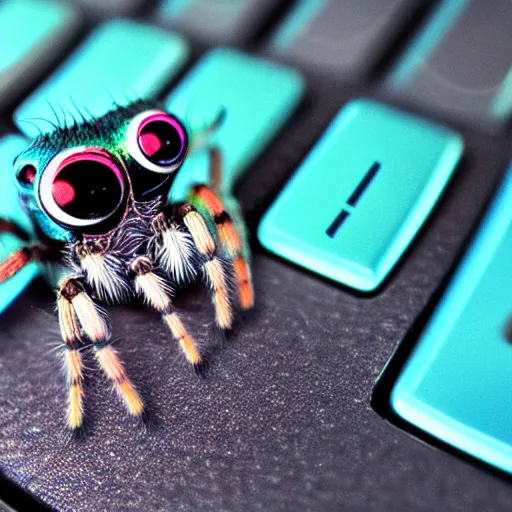 Image similar to a jumping spider pressing keyboard keys, by pixar, macro lens, iridescent, character concept art