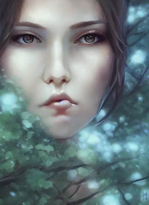 Prompt: girl lying in forest, face close up, art by charlie bowater