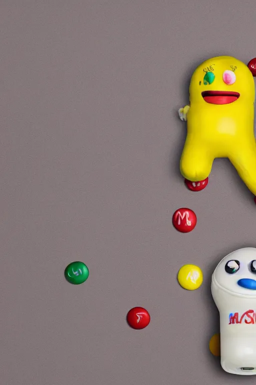 Prompt: a single yellow m & m candy with white arms and legs holding a microphone, a yellow sphere wearing a white baseball cap, eminem as a m & m candy standing on a floor covered with m & m candies, m & m candy dispenser, m & m plush!!!, unreal engine, studio lighting, unreal engine, volumetric lighting, artstation