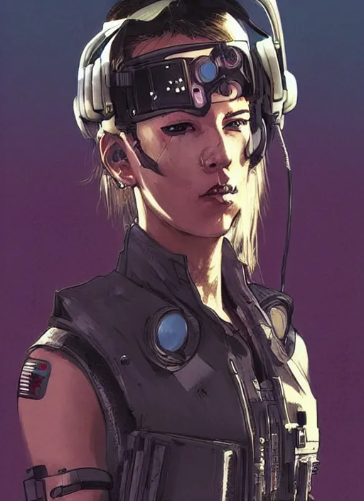 Image similar to Beautiful Maria. Gorgeous female cyberpunk mercenary wearing a cyberpunk headset, military vest, and jumpsuit. gorgeous face. Concept art by James Gurney and Laurie Greasley. Moody Industrial skyline. ArtstationHQ. Creative character design for cyberpunk 2077.