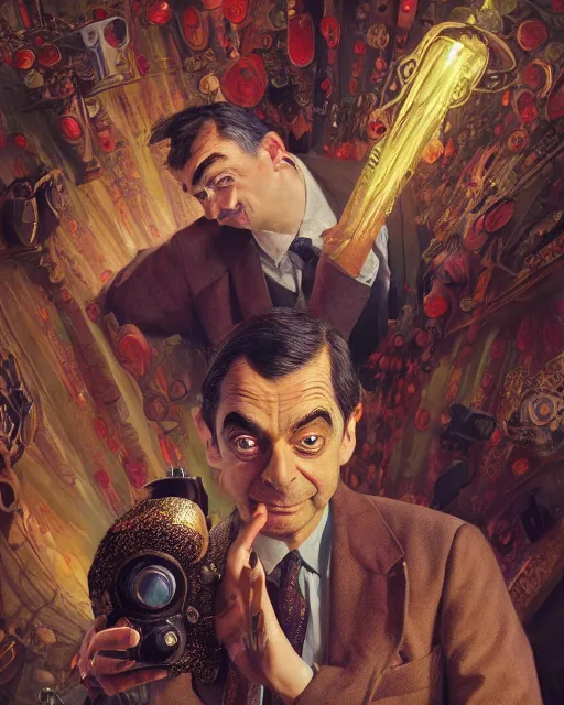 Image similar to vintage mr. bean movie poster by karol bak, james jean, tom bagshaw, rococo, sharp focus, trending on artstation, cinematic lighting, hyper realism, octane render, 8 k, hyper detailed.