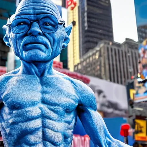 Image similar to a photograph of a very detailed renaissance sculpture of walter white as a smurf in times square, made by michelangelo, from the distance, hyper detailed, sharp focus, 8 k resolution, ray tracing