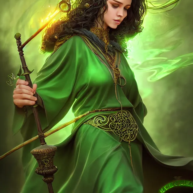Prompt: beautiful elemental earth witch with ornate green robes and staff, highly detailed, 4 k, hdr, smooth, sharp focus, high resolution, award - winning photo, artgerm, photorealistic