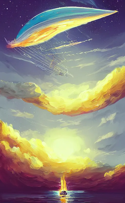 Prompt: a beautiful illustration of an airship burning in the sky at night, art of alena aenami, featured on artstation, vertical orientation, paint brush strokes, expressionism, brushstroke - laden, breathtaking clouds, birds, ocean, beautiful stars, long exposure, big moon radius, airy midnight theme, blue purple gradient, lens flare, flames and ember