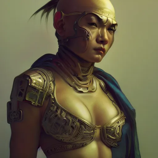 Image similar to 3 / 4 portrait of a stunning warrior monk in a cyberpunk kowloon walled city, strong, dark, by artgerm and alphonse mucha and sorayama, trending on artstation, octane render