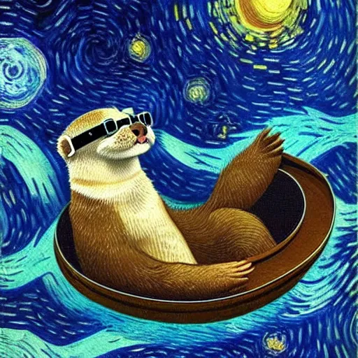 Prompt: an otter wearing vr glasses, floating in space, oil painting, hyperdetailed, by vincent van gogh