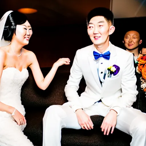 Image similar to cookie monster marrying justin sun, professional wedding photography