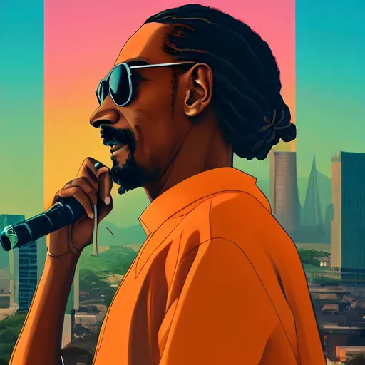 Image similar to ⁠portrait of Snoop Dogg , Karachi skyline background, rich vivid colors, ambient lighting, dynamic lighting, 4k, HQ, official media, anime key visual, makoto shinkai, ilya kuvshinov, lois van baarle, rossdraws, detailed, trending on artstation