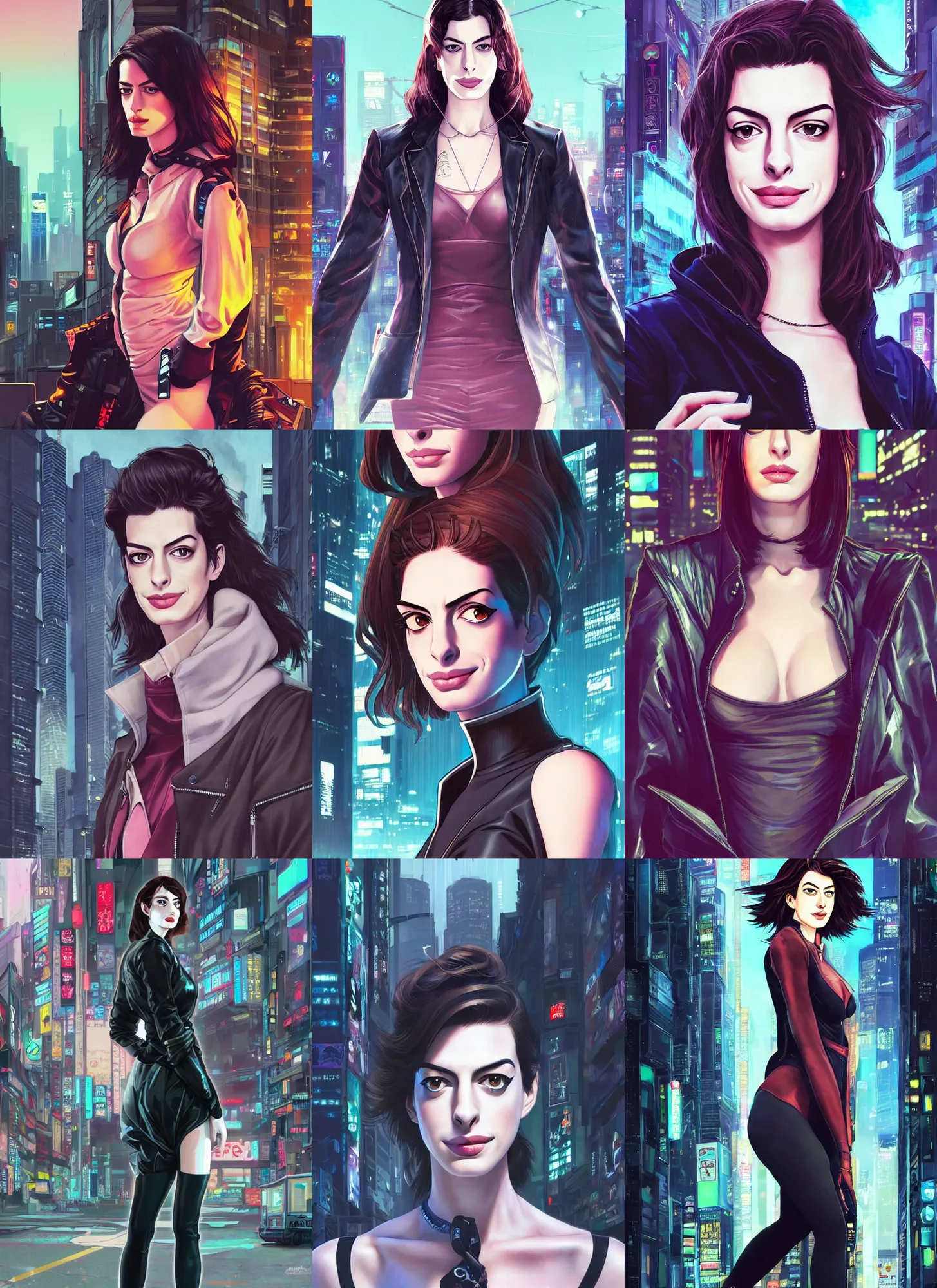 Prompt: a young anne hathaway seductive portrait wearing cyberpunk clothes, detailed face, in a tokyo street, trending on artstation, by dan mumford, yusuke murata, makoto shinkai, ross tran, josan gonzalez, cel shaded