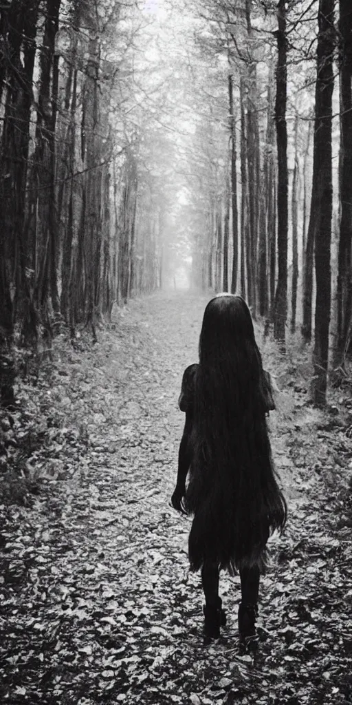 Image similar to found photo of a young witch girl with long hair walking away from the camera in a forest, magical dark and spooky, flash photography