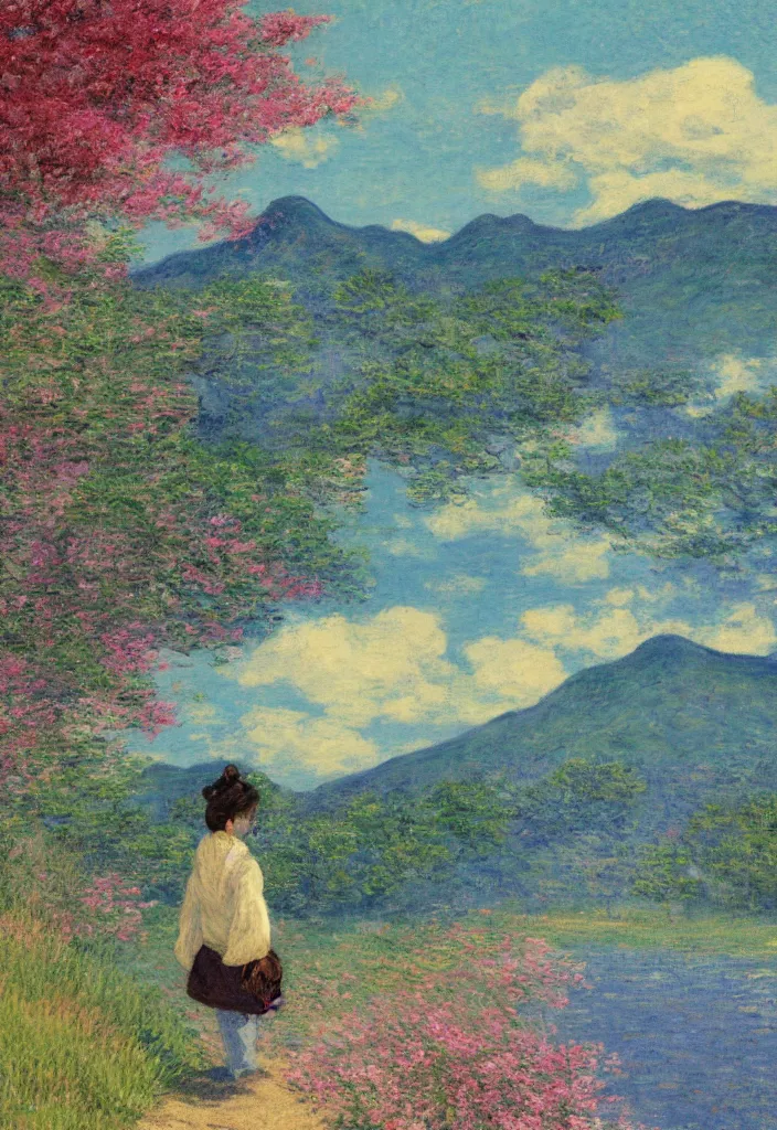 Image similar to tiny character in front of a beautiful japanese country side landscape, ryokans in the background, blue sky, magnificient clouds, lofi vibe, vivide colors, amazing light, really beautiful nature, oil painting, impressionist style, by jeremy lipkin, by claude monet, by ghibli, kandinsky touches, multiple brush strokes, masterpiece