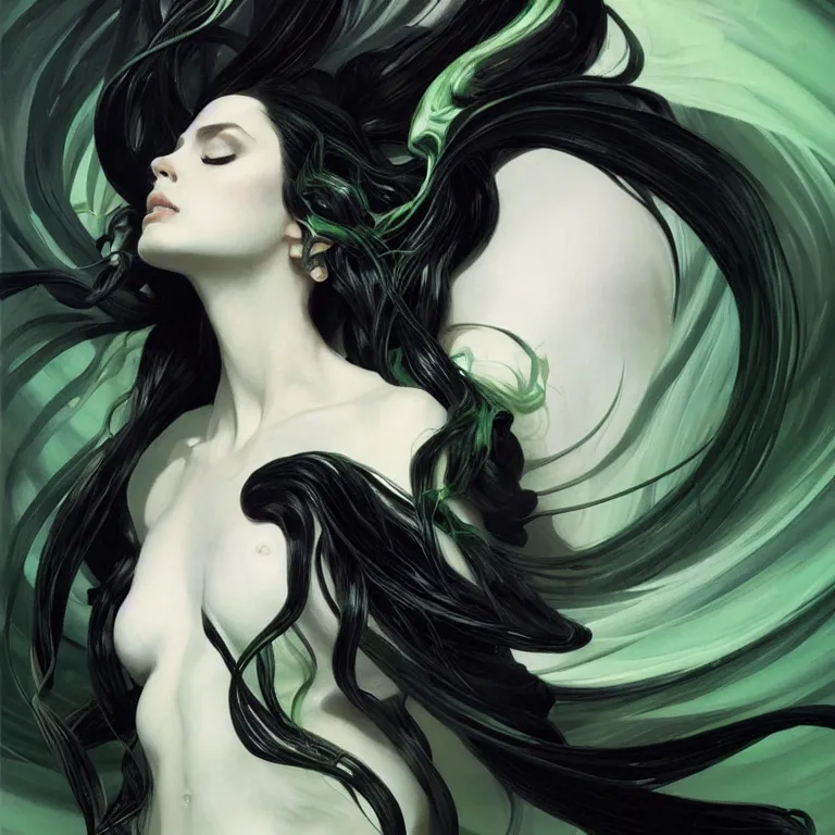Image similar to Envy is a hue created with swirls of white gouache, mysterious black, and a daub of cold green, intricate, highly detailed, digital painting, artstation, concept art, smooth, sharp focus, illustration, Unreal Engine 5, 8K, art by artgerm and greg rutkowski and alphonse mucha