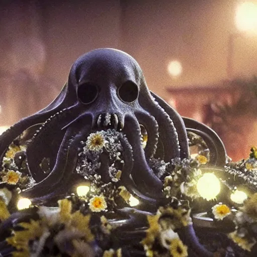 Image similar to an octopus in the shape of a skull surrounded by flowers at midnight, foggy cinematic shot photo still from movie by denis villeneuve, wayne barlowe