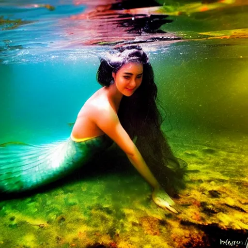 Image similar to marian rivera as mermaid breaking the surface of the water, underwater photography with light scattering and water refractions, smooth