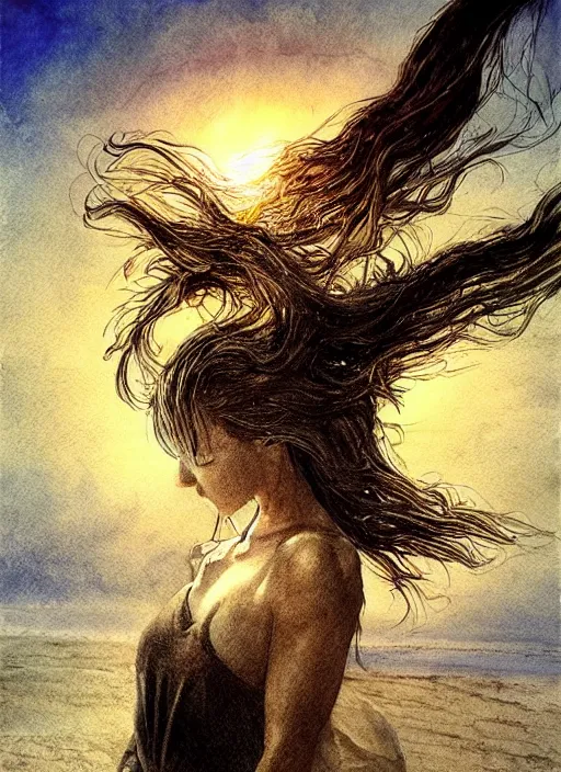 Image similar to portrait, An angel on the beach watching the sun set, watercolor, dramatic lighting, cinematic, establishing shot, extremely high detail, foto realistic, cinematic lighting, pen and ink, intricate line drawings, by Yoshitaka Amano, Ruan Jia, Kentaro Miura, Artgerm, post processed, concept art, artstation, matte painting, style by eddie mendoza, raphael lacoste, alex ross