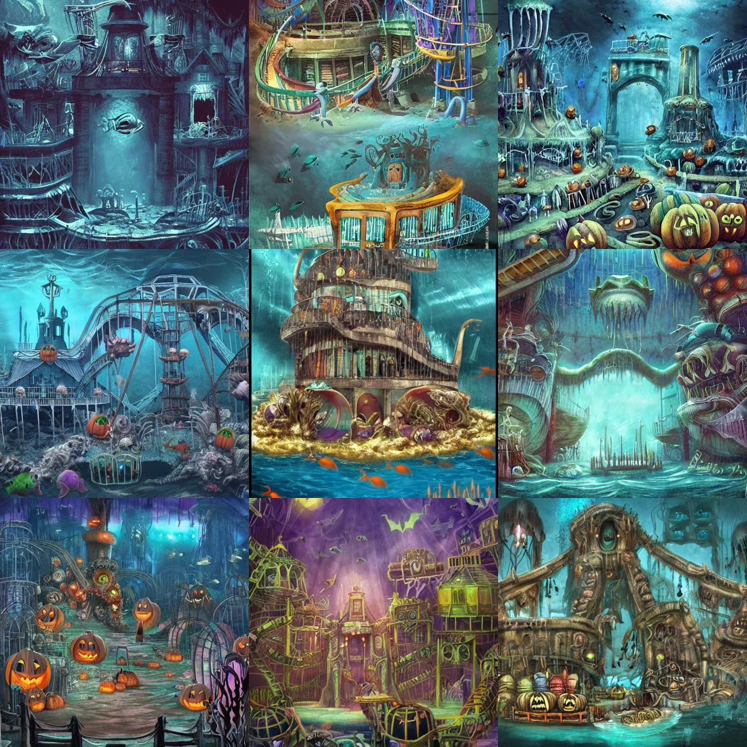 Prompt: a horror based underwater suburb based on an amusement park during halloween that takes place incredibly deep underwater and is built on the idea of the lost city of atlantis, halloween decorations, underwater city, amusement park, spooky, amusement park attractions, deep sea, horror themed, fun, concept art, by harper groff