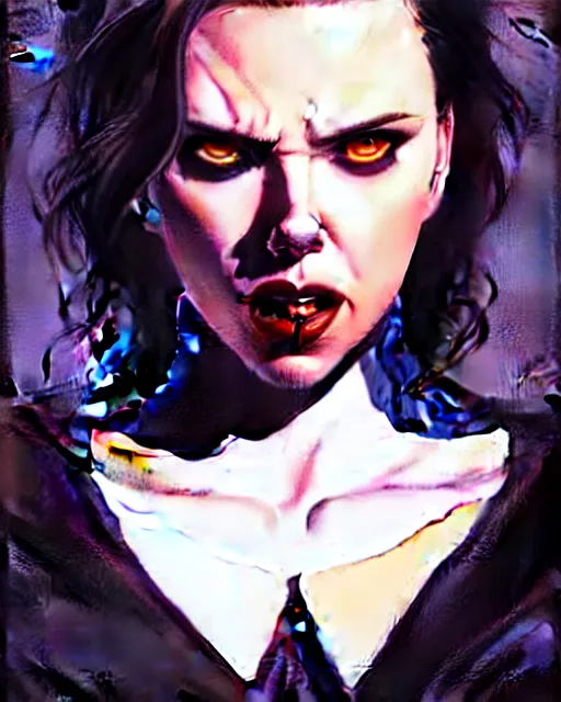 Prompt: rafael albuquerque comic art, peter mohrbacher, steve niles, phil noto, artgerm, pretty scarlett johansson vampire sharp vampire teeth open mouth, symmetrical eyes, black leather jacket, jeans, long blonde hair