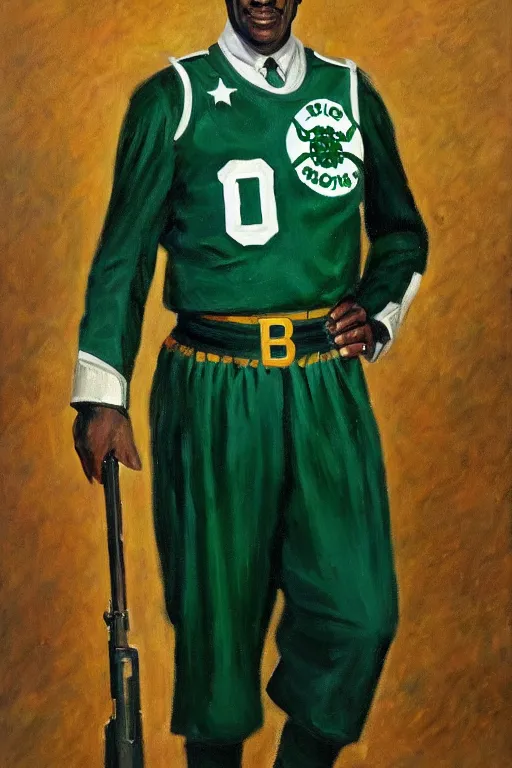 Image similar to full body portrait of the dictator of the boston celtics, 1 9 5 5, in full military garb, oil on canvas by william sidney mount, trending on artstation