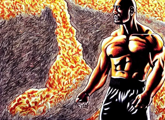 Prompt: a highly detailed beautiful painting of dwayne the rock johnson by junji ito