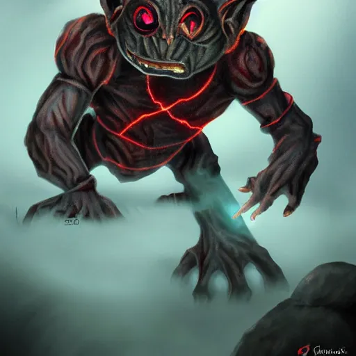 Image similar to a goblin made out of rocks, with glowing red eyes, in a cave, like magic the gathering, by christopher rush, hd, digital art