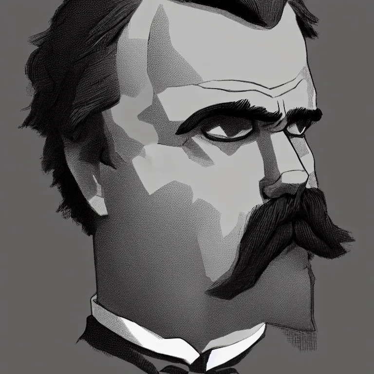 Image similar to Stylized Portrait of Friedrich Nietzsche in his Suit, chiseled Jawline and serious Look, in the Style of Artgerm and Ross Draws and Mike Mignola and Cory Loftis, neon rim light, hard shadows, colorful, plain background, trending on artstation