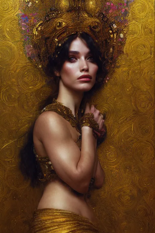 Image similar to an intricate painting of a beautiful young lady with an artistic sensual pose with klimt golden motives and textures, hyper detailed, ornamental gold headpiece, octane render, vivid colors, artstation, by jeremy mann, by alphonse mucha, by boris vallejo