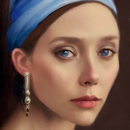 Prompt: Elizabeth Olsen with a pearl earring illustrated by Greg Rutkowski, 4k, 8k, trending on artstation