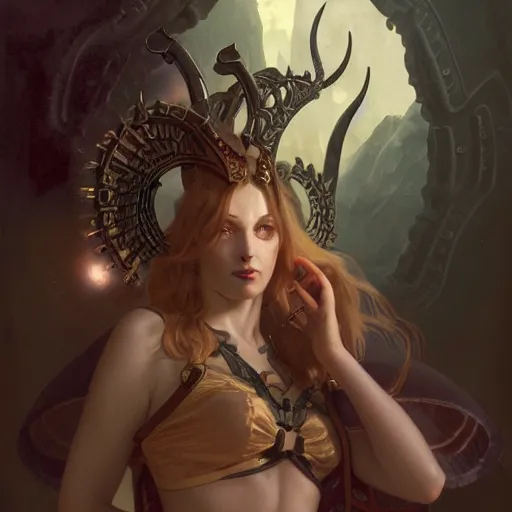 Image similar to dark male oracle with ram horns, medieval style, NGE dark fantasy, medium shot, intricate, highly detailed, digital painting, volumetric light, artstation, concept art, smooth, sharp focus, illustration, art by Gil Elvgren and Greg Rutkowski and Alphonse Mucha