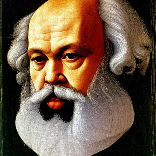 Image similar to beautiful renaissance painting portrait of karl marx by sandro botticelli, jan van eyck, tiziano vecelli, piero della francesca