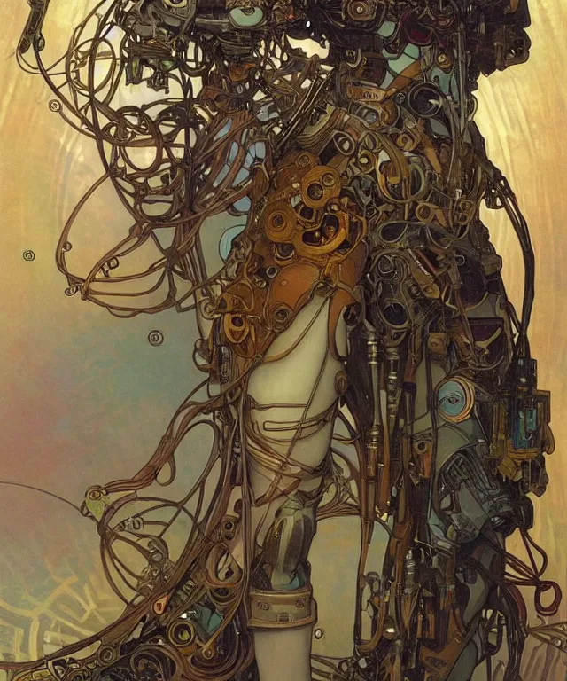 Image similar to realistic detailed portrait of a humanoid mecha cyberpunk! goddess by Alphonse Mucha and Charlie Bowater and art germ, rule of thirds, golden ratio, Art Nouveau! cyberpunk! style, mechanical accents!, mecha plate armor, flowing wires with leaves, art nouveau accents, art nouveau patterns and geometry, rich deep moody colors, portrait style with the subject in the middle of the frame