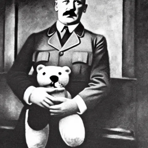 Image similar to hitler holding a teddy bear, propaganda poster