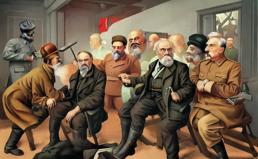 Prompt: Karl marx and hitler with stalin fighting each other, highly detailed, very coherent, painted by Francis Bacon and Edward Hopper, Wayne Barlowe, painted by James Gilleard, surrealism, airbrush, art by JamesJean