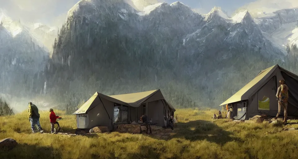 Image similar to cabela's beautiful comfortable modular insulated container home wall kit - house all weather family dwelling tent house, person in foreground, mountainous forested wilderness open fields, beautiful views, painterly concept art, environmental concept art, concept art illustration, by james gurney, by craig mullins, by greg rutkowski trending on artstation