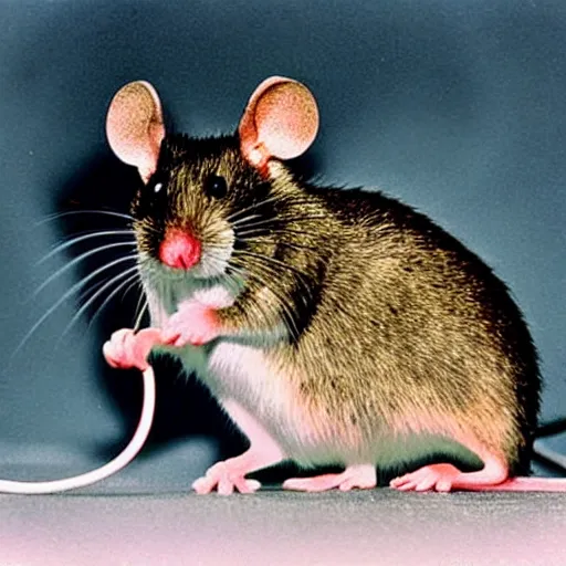 Prompt: The first electric mouse (Tonitru Rattus) discovered in nature, circa 1992, photograph