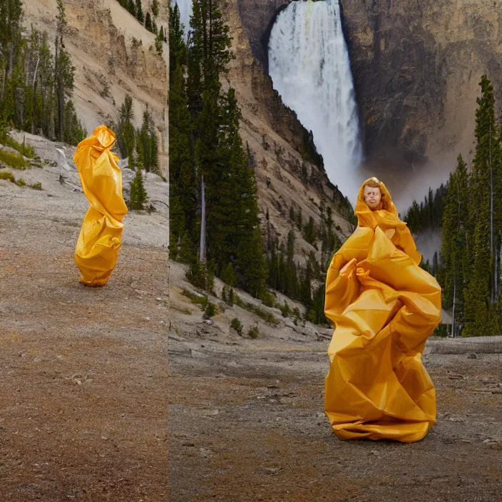 Image similar to a color photograph, closeup portrait of a woman wrapped in plastic, in grand yellowstone national park in wyoming, color photograph, by vincent desiderio, canon eos c 3 0 0, ƒ 1. 8, 3 5 mm, 8 k, medium - format print