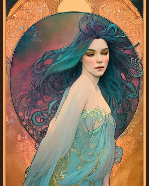 Image similar to an ethereal goddess with turquoise hair | highly detailed | very intricate | art nouveau | gold filigree | romantic storybook fantasy | soft cinematic lighting | award - winning | disney concept art watercolor illustration by mandy jurgens and alphonse mucha and alena aenami | pastel color palette | featured on artstation