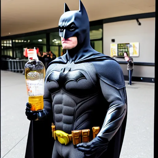 Image similar to batman waiting in line at the dmv holding a bottle of vodka. 4 k paparazzi photo