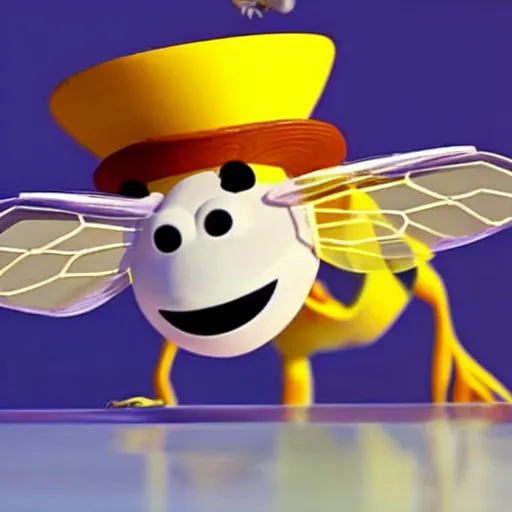 Prompt: a pixar still of a honeybee wearing a top hat