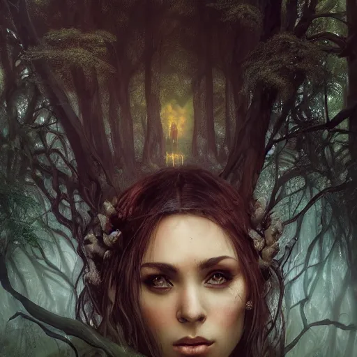 Image similar to portrait of a dark mage in a forest, dark fantasy, elegant, intricate, face, medium shot, volumetric light, by Fernanda Suarez, Stanley Artgerm Lau, greg rutkowski, thomas kindkade, alphonse mucha, loish, norman Rockwell