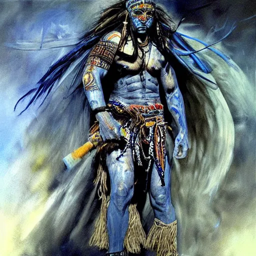 Prompt: art by simon bisley, primitive shaman warrior, atmospheric lighting, painted, intricate, blue and grey hour, ultra detailed