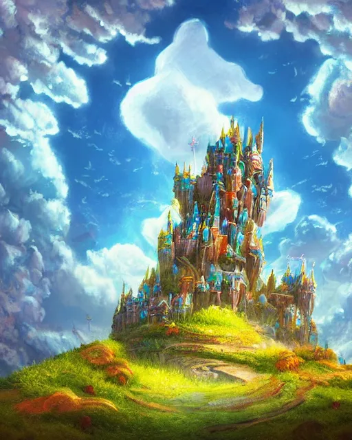 Image similar to flying cloud castle, mushroom buildings, illustration, bright, blue sky, mountains, colorful, cinematic lighting, fantasy, high detail, masterpiece, artstation, 4 k, art by wylie beckert