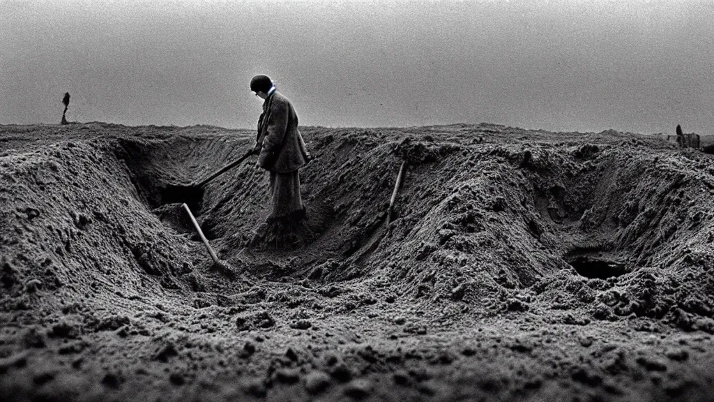 Image similar to a man digging himself out of a hole, film still from the movie directed by wes anderson with art direction by zdzisław beksinski and m. c. escher, wide lens