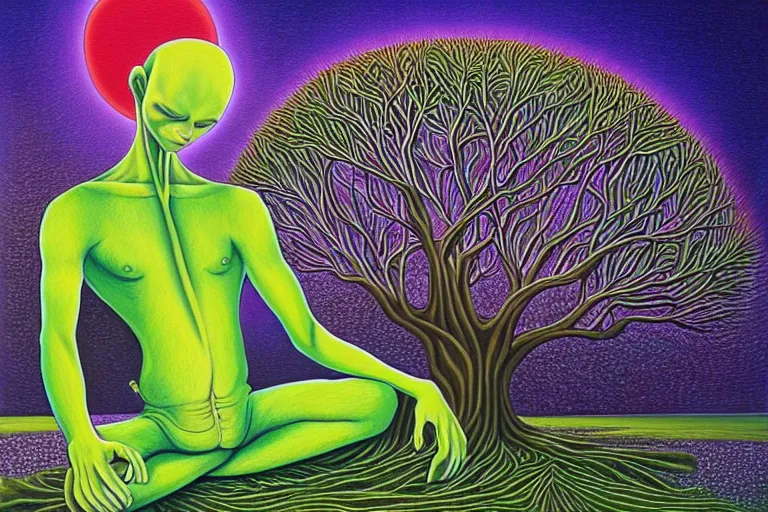 Prompt: painting of a depressed alien meditating under a tree by alex grey, acrylic art, sad, soothing, somber, elegant, soft light,