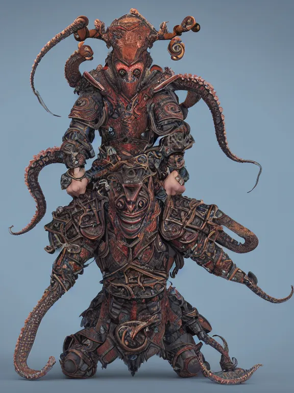 Image similar to full body frontview portrait of warrior in octopus armour, d & d fighter character design, designed in blender, 4 k hd, octane render, intricate and highly detailed, coloured with lots of colour, cinematic, posing,