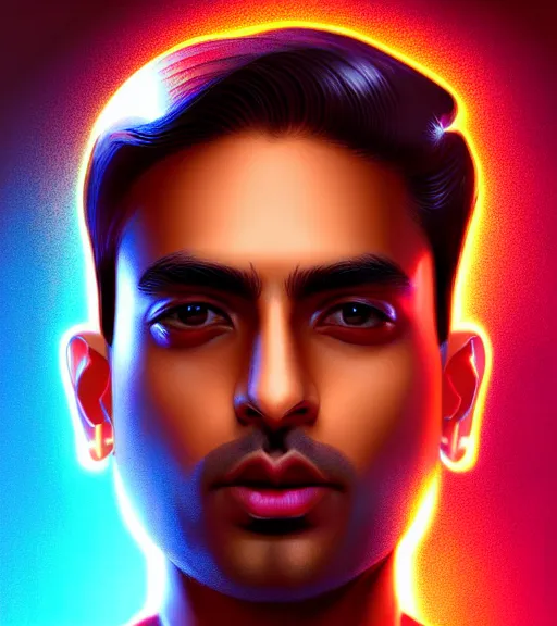 Image similar to symmetry!! indian prince of technology, solid cube of light, hard edges, product render retro - futuristic poster scifi, lasers and neon circuits, brown skin handsome indian prince, intricate, elegant, highly detailed, digital painting, artstation, concept art, smooth, sharp focus, illustration, dreamlike, art by artgerm