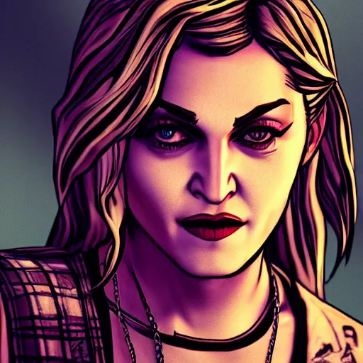 Prompt: madonna portrait, borderlands, tales from the borderlands, the wolf among us, comic, cinematic lighting, studio quality, 8 k