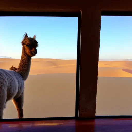 Prompt: <photograph accurate=true quality=very-high>looking out the window at a serene desert</photograph><photobomb>alpaca</photobomb>