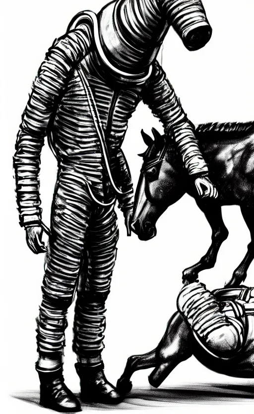 Image similar to man with a horse mask is standing on crawling astronaut, concept art, monthy python sketch, high fidelity details