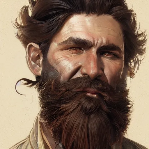 Prompt: bearded gunslinger, painted fantasy character portrait, headshot, fantasy, highly detailed, digital painting, artstation, concept art, sharp focus, illustration, art by the golden age of American illustration archive, artgerm and greg rutkowski and alphonse mucha